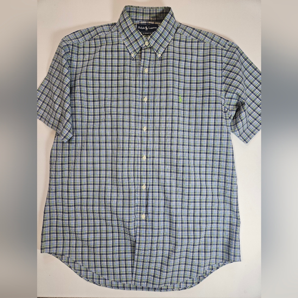 Ralph Lauren Button Up Shirt Mens‎ Medium Classic Fit Green Blue Plaid Pony Logo